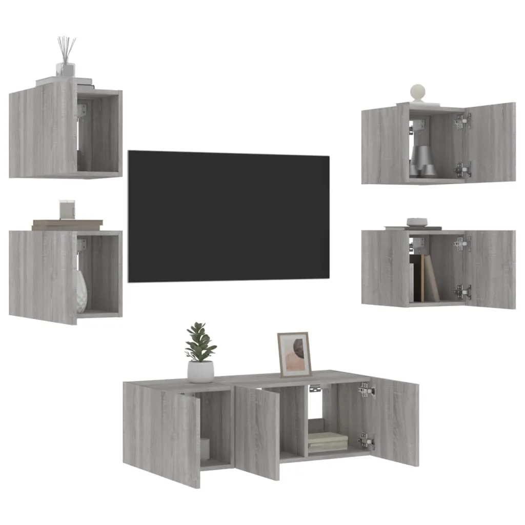 vidaXL Mobili TV a Muro con LED 6pz Grigio Sonoma Legno Multistrato