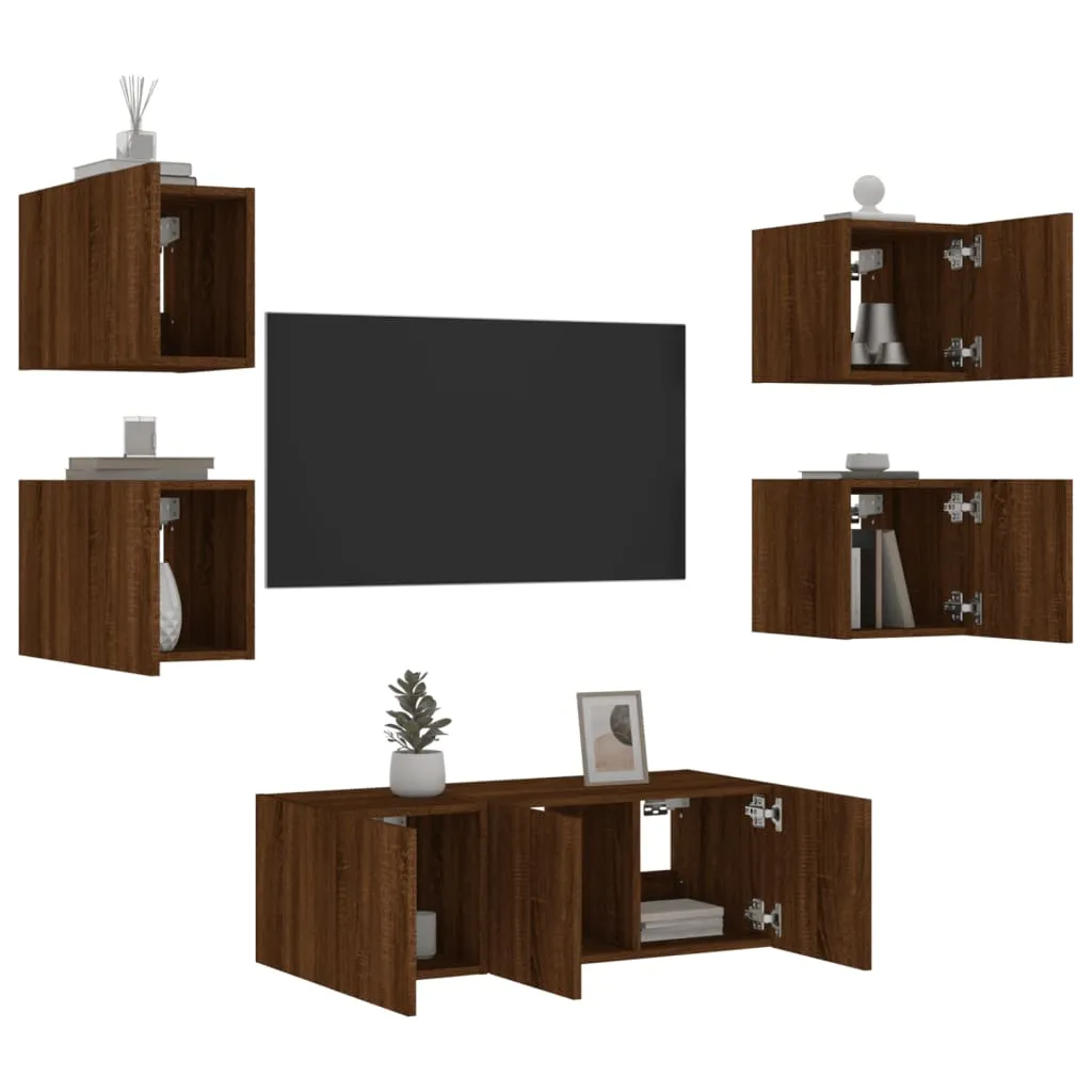 vidaXL Mobili TV a Muro con LED 6pz Rovere Marrone Legno Multistrato