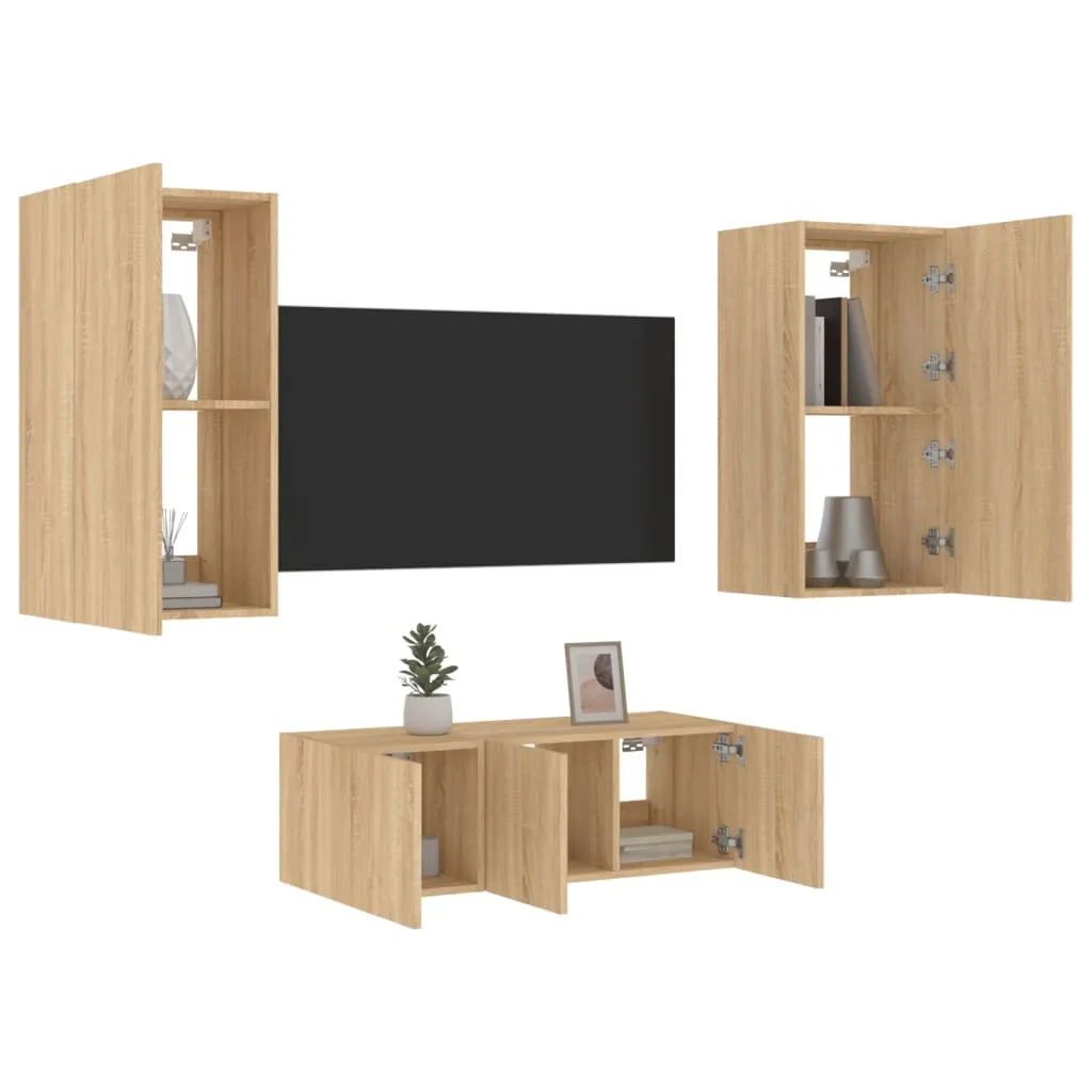 vidaXL Mobili TV a Muro con LED 4pz Rovere Sonoma Legno Multistrato