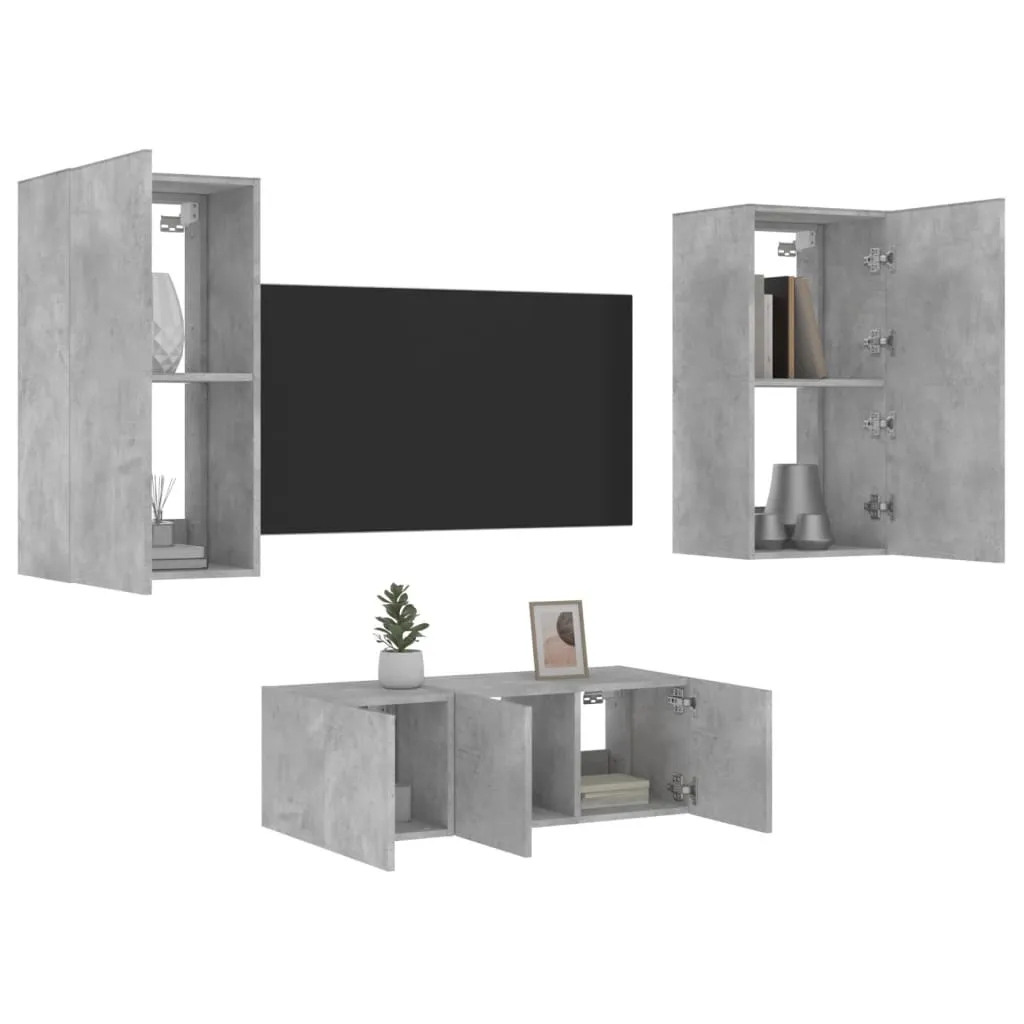 vidaXL Mobili TV a Muro con LED 4pz Grigio Cemento Legno Multistrato