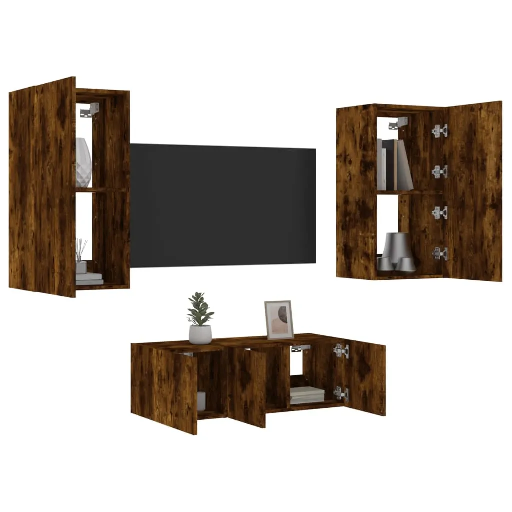 vidaXL Mobili TV a Muro con LED 4pz Rovere Fumo in Legno Multistrato