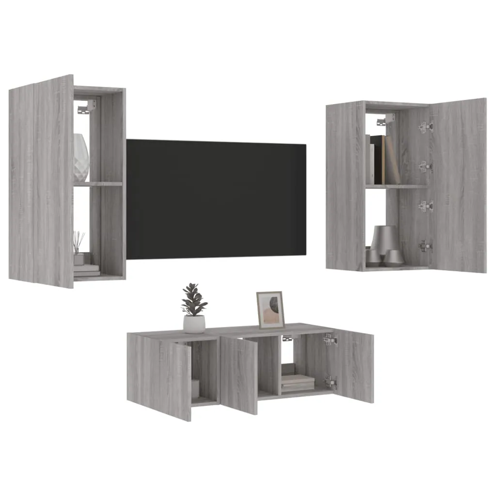 vidaXL Mobili TV a Muro con LED 4pz Grigio Sonoma in Legno Multistrato