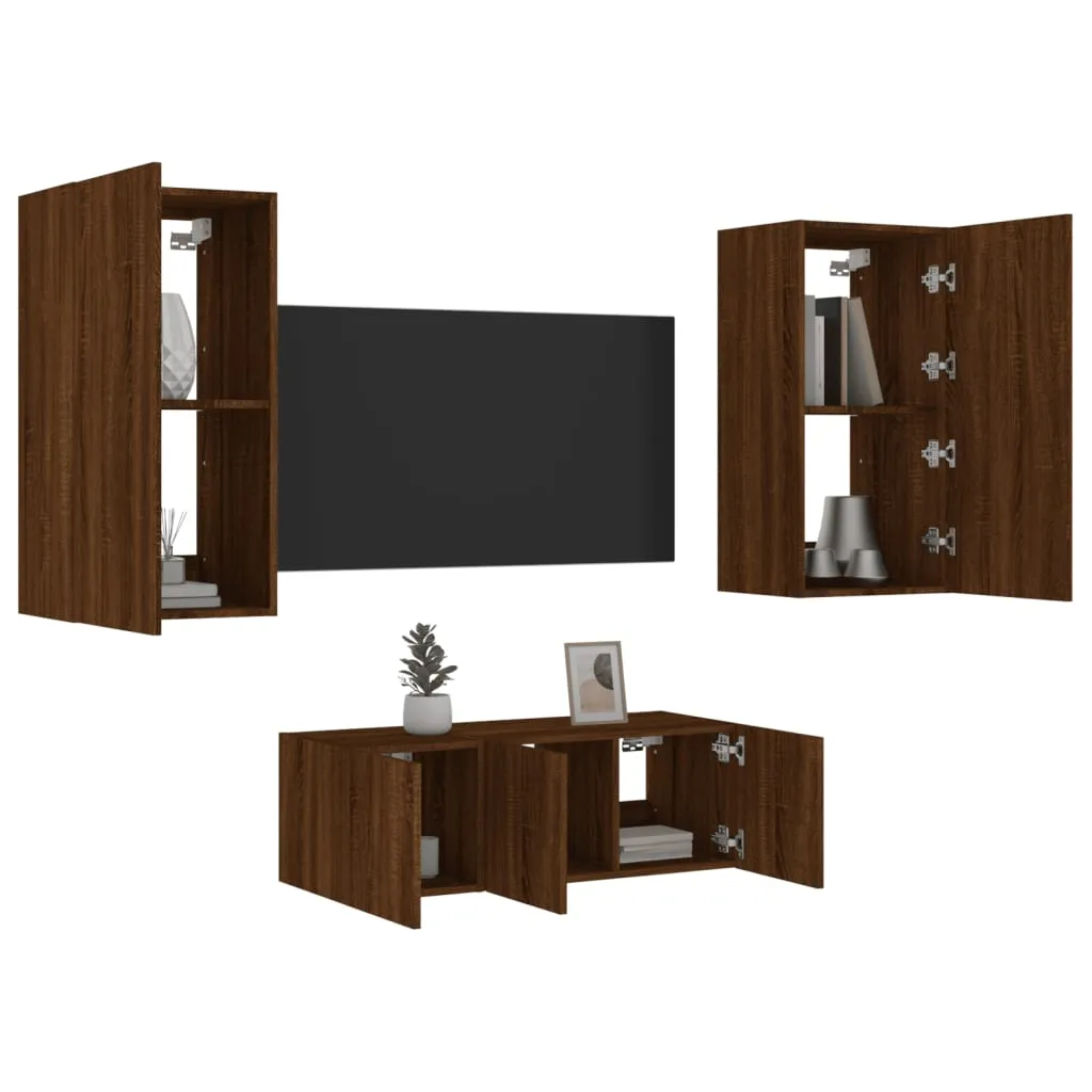 vidaXL Mobili TV a Muro con LED 4pz Rovere Marrone Legno Multistrato