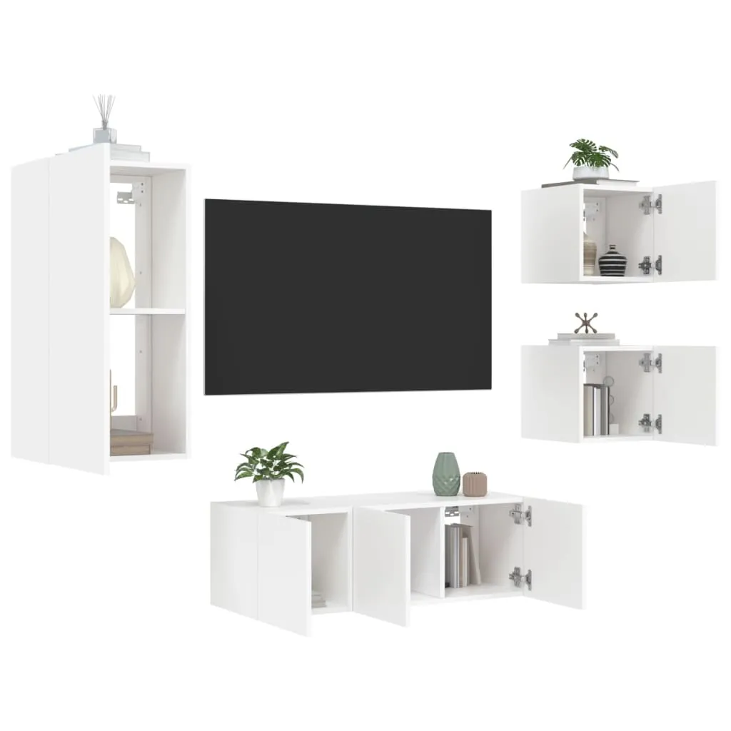 vidaXL Mobili TV a Muro con LED 5pz Bianchi in Legno Multistrato