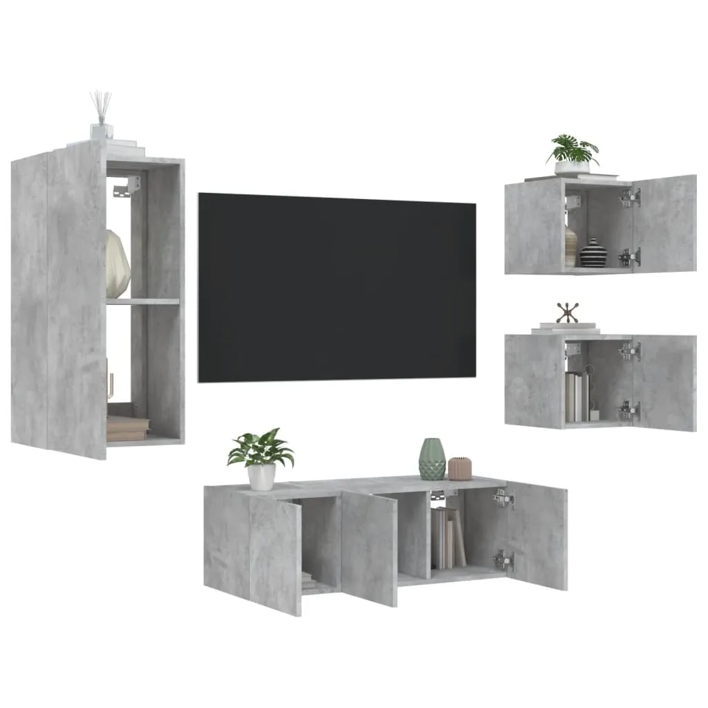 vidaXL Mobili TV a Muro con LED 5pz Grigio Cemento Legno Multistrato