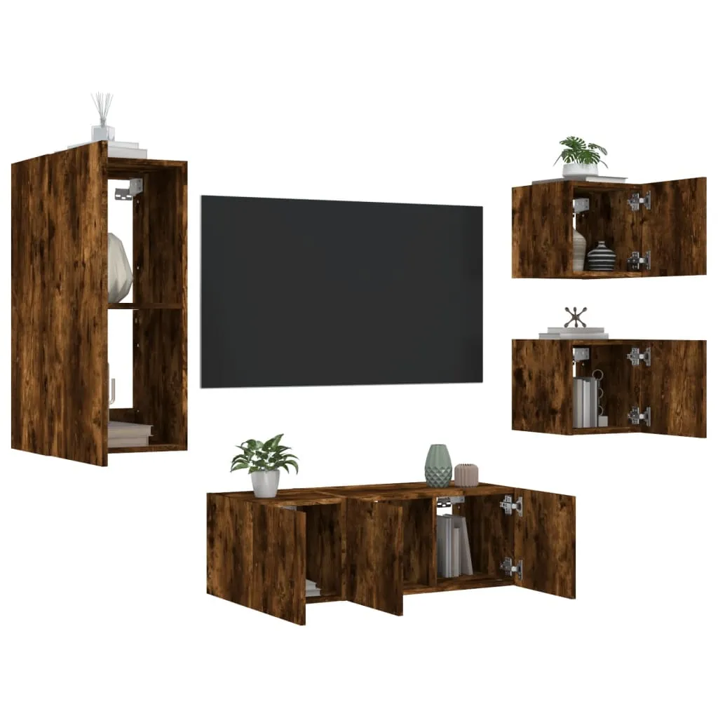 vidaXL Mobili TV a Muro con LED 5pz Rovere Fumo in Legno Multistrato