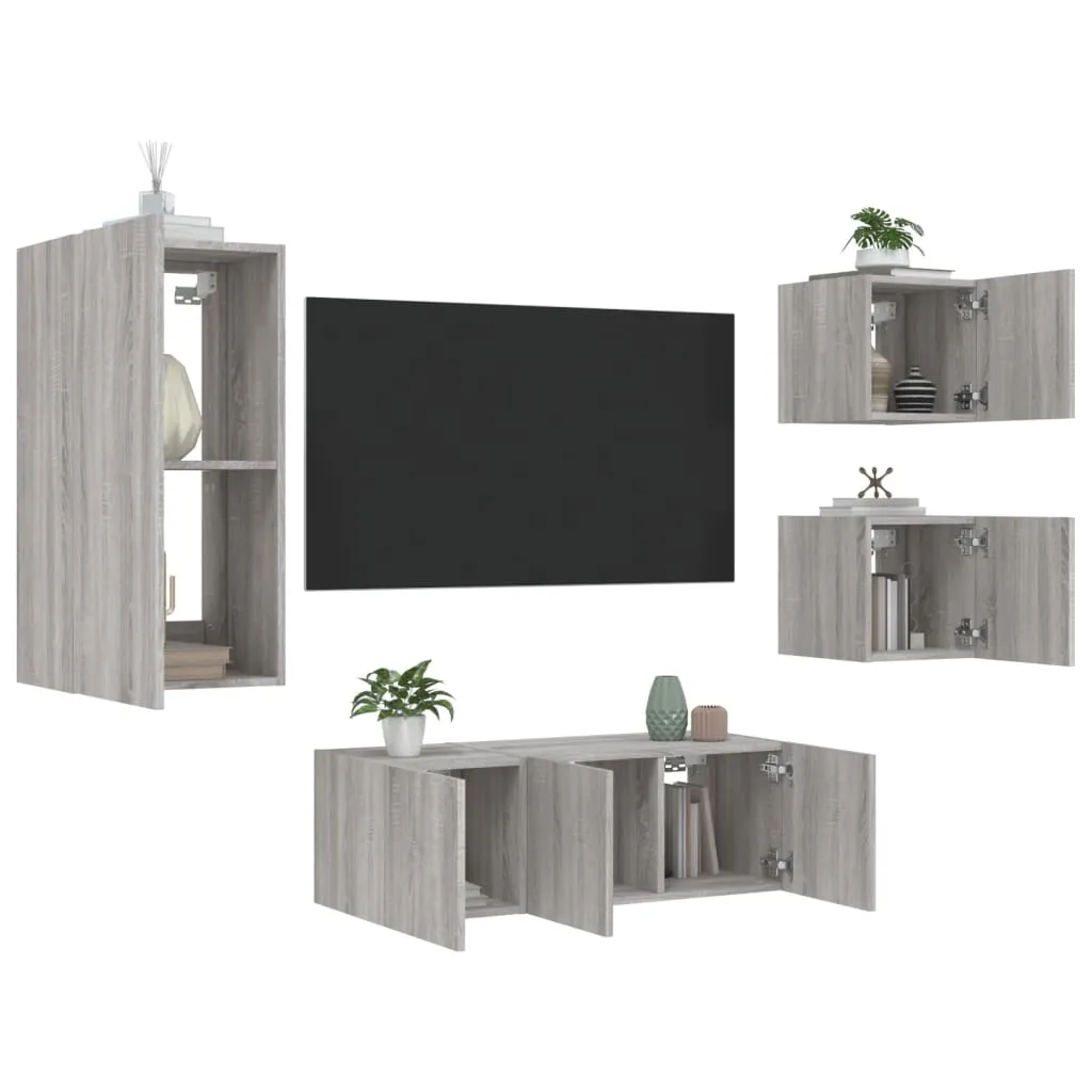 vidaXL Mobili TV a Muro con LED 5pz Grigio Sonoma in Legno Multistrato