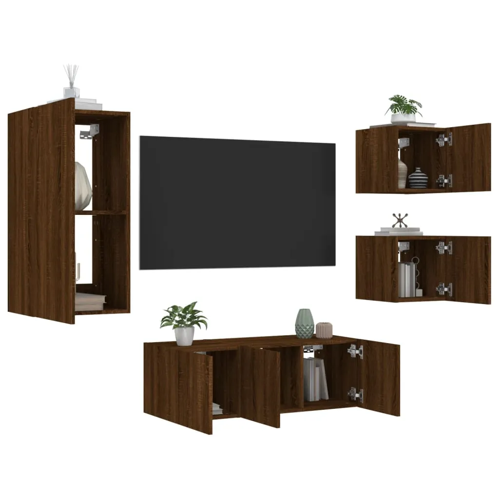 vidaXL Mobili TV a Muro con LED 5pz Rovere Marrone Legno Multistrato