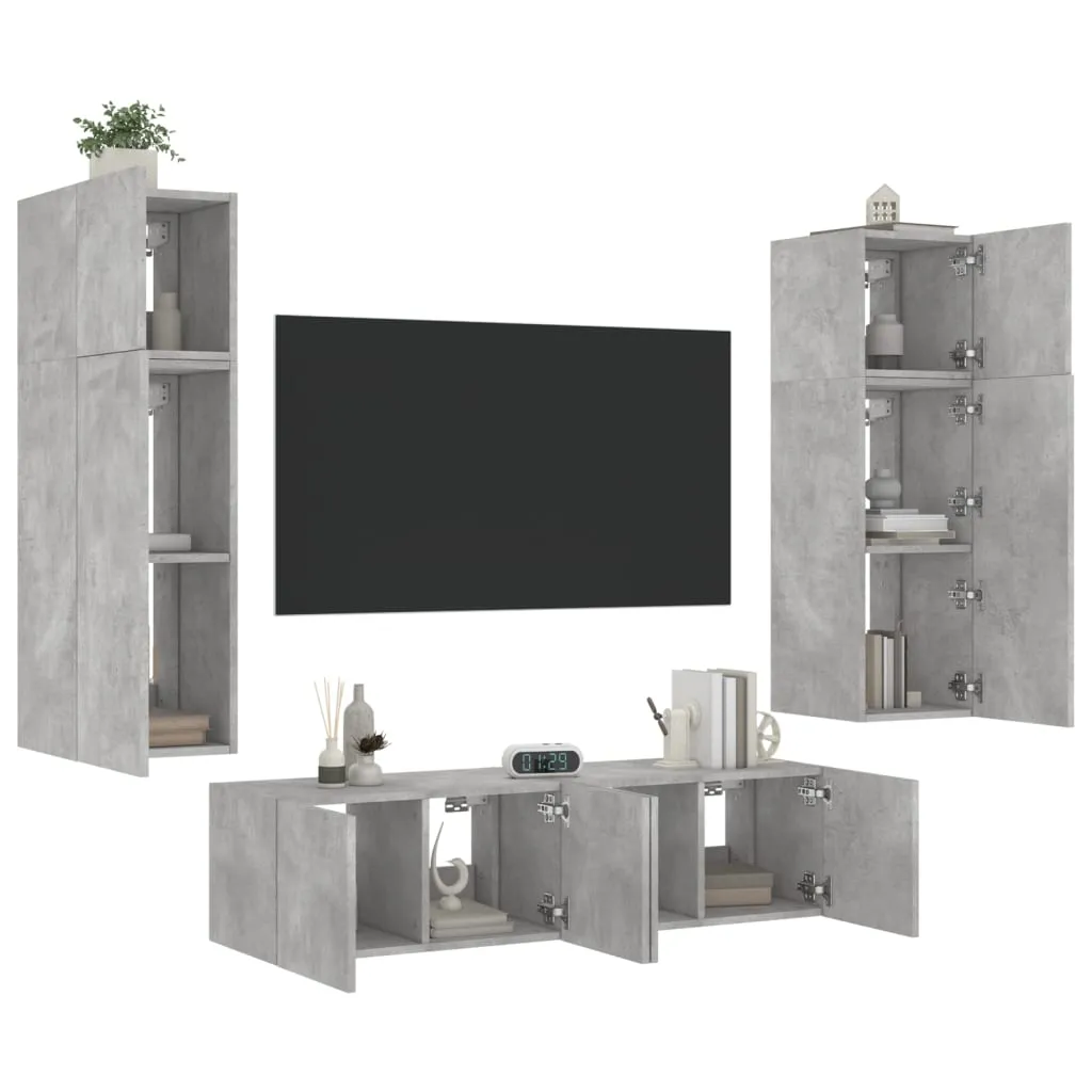 vidaXL Mobili TV a Muro con LED 6pz Grigio Cemento Legno Multistrato