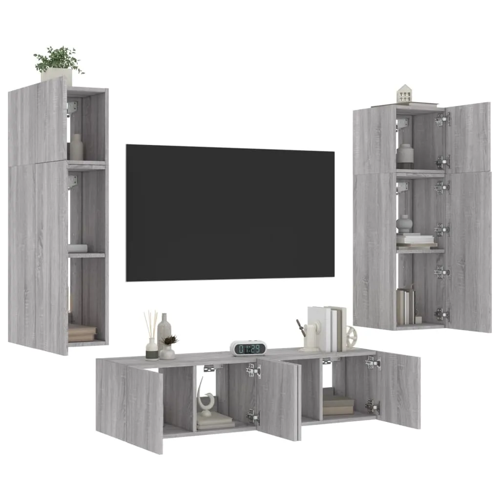 vidaXL Mobili TV a Muro con LED 6pz Grigio Sonoma Legno Multistrato