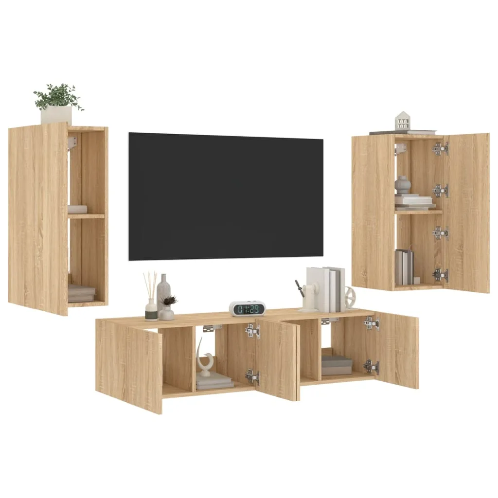 vidaXL Mobili TV a Muro con LED 4pz Rovere Sonoma Legno Multistrato