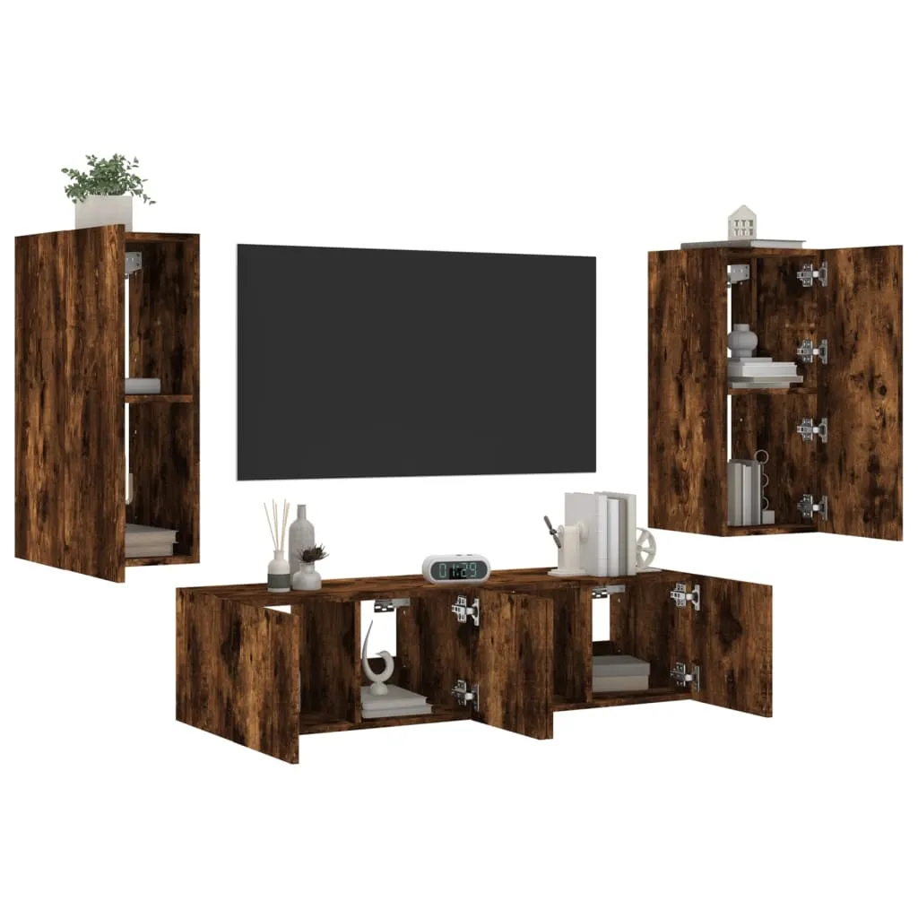 vidaXL Mobili TV a Muro con LED 4pz Rovere Fumo in Legno Multistrato