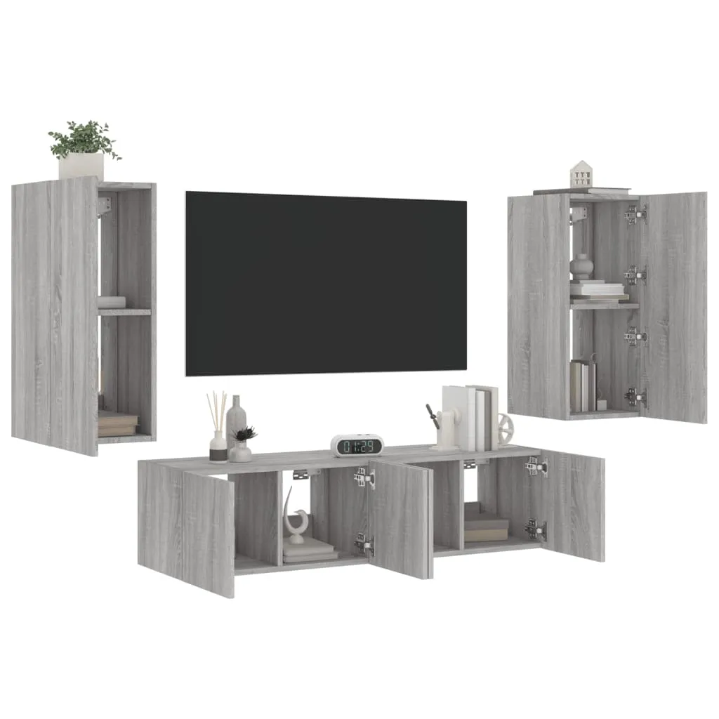 vidaXL Mobili TV a Muro con LED 4pz Grigio Sonoma in Legno Multistrato