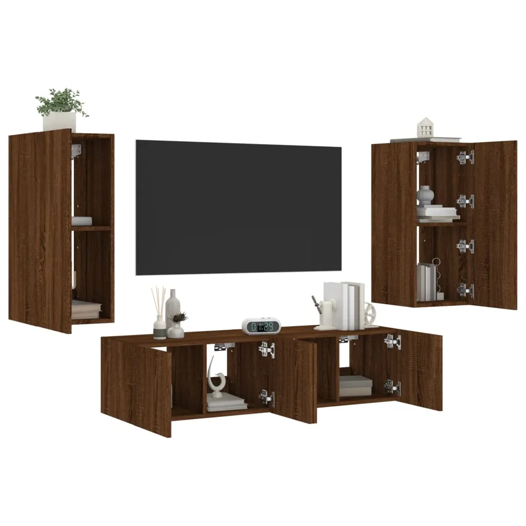 vidaXL Mobili TV a Muro con LED 4pz Rovere Marrone Legno Multistrato