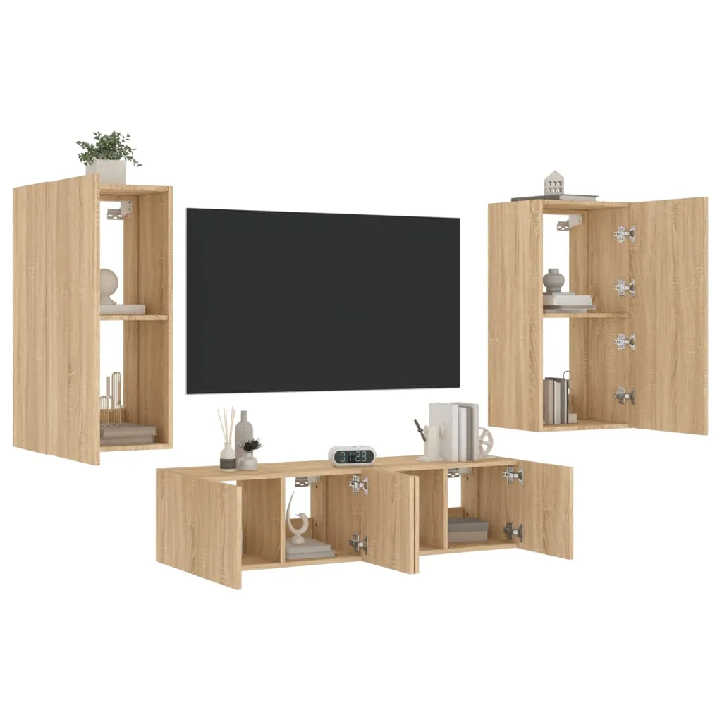 vidaXL Mobili TV a Muro con LED 4pz Rovere Sonoma Legno Multistrato