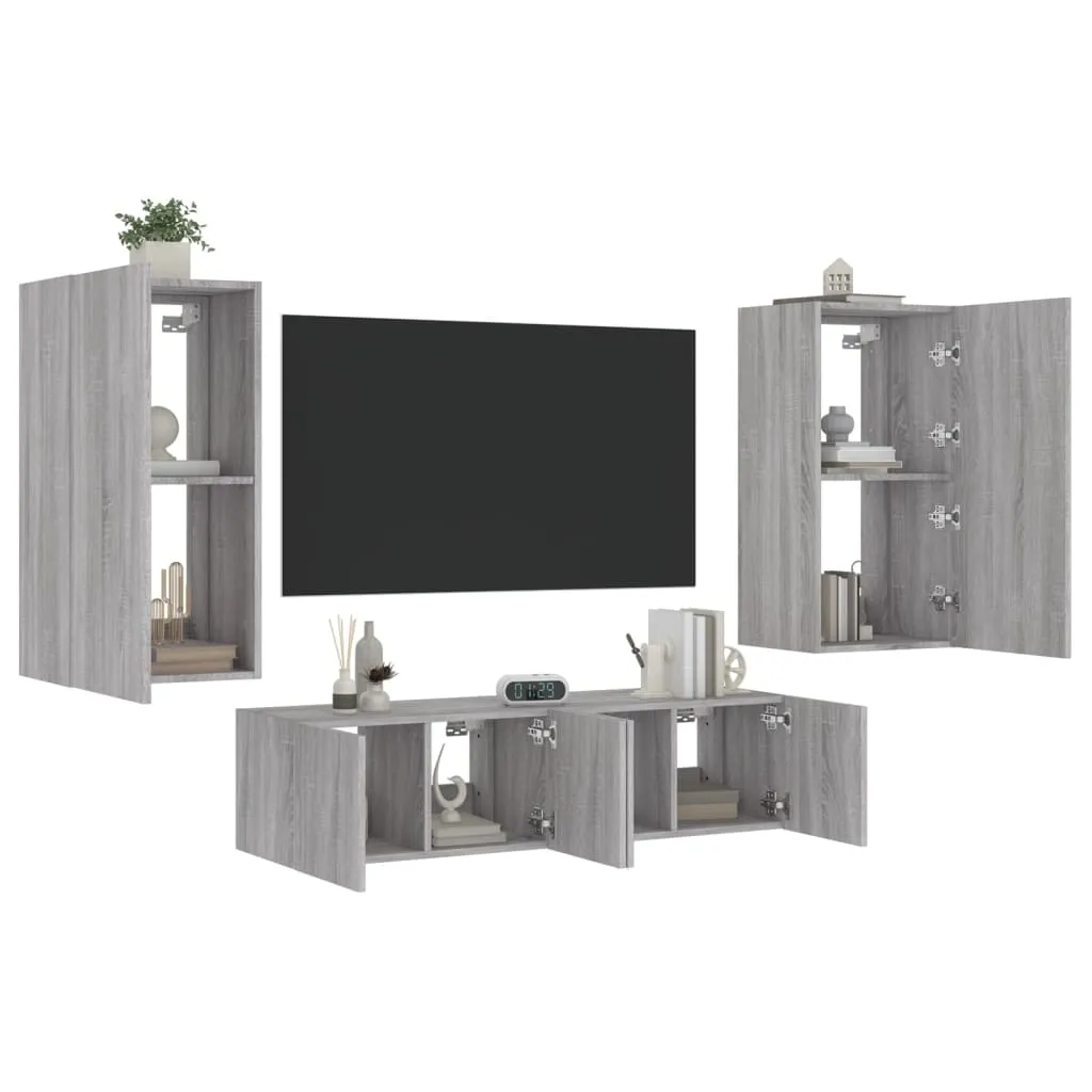 vidaXL Mobili TV a Muro con LED 4pz Grigio Sonoma in Legno Multistrato