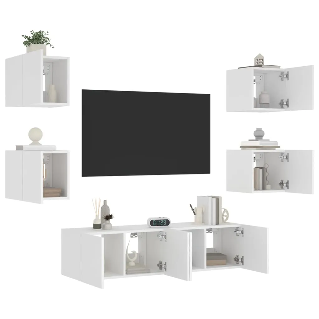 vidaXL Mobili TV a Muro con LED 6pz Bianchi in Legno Multistrato