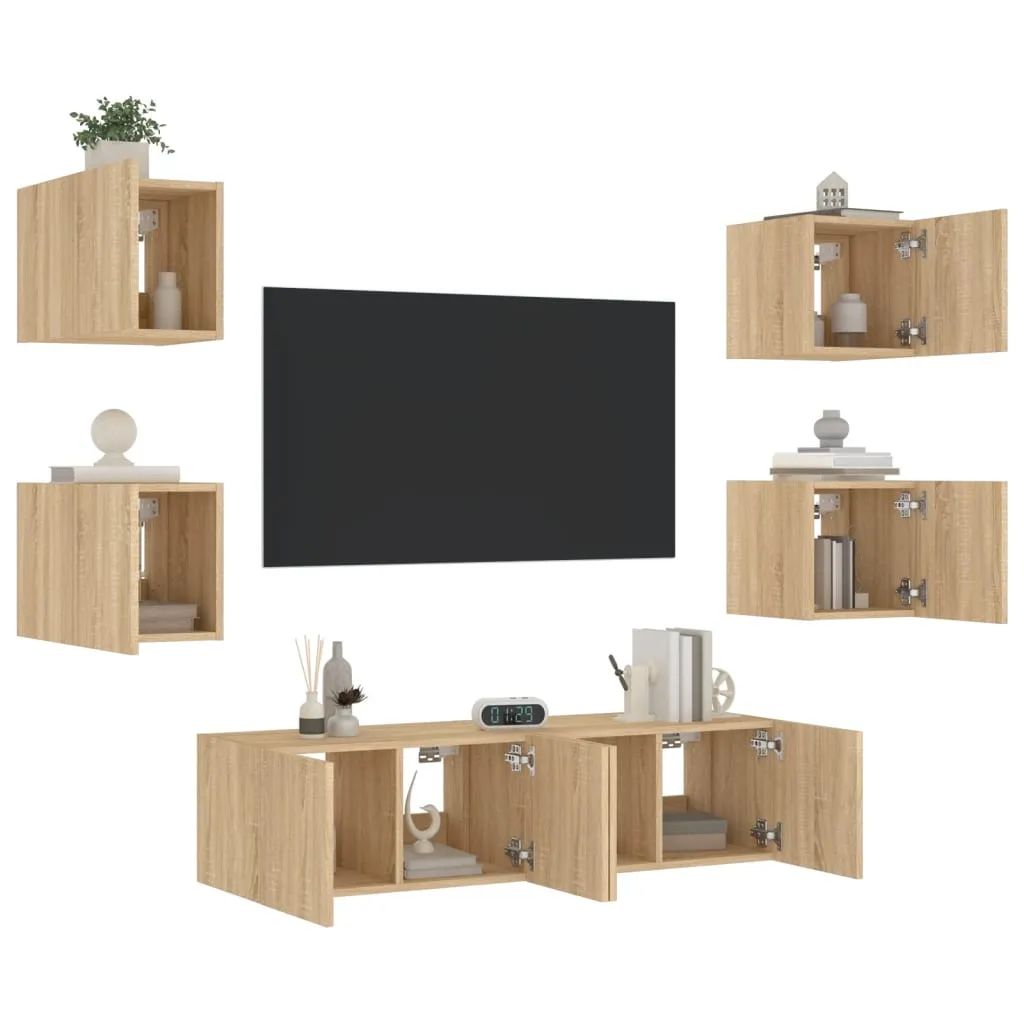 vidaXL Mobili TV a Muro con LED 6pz Rovere Sonoma Legno Multistrato