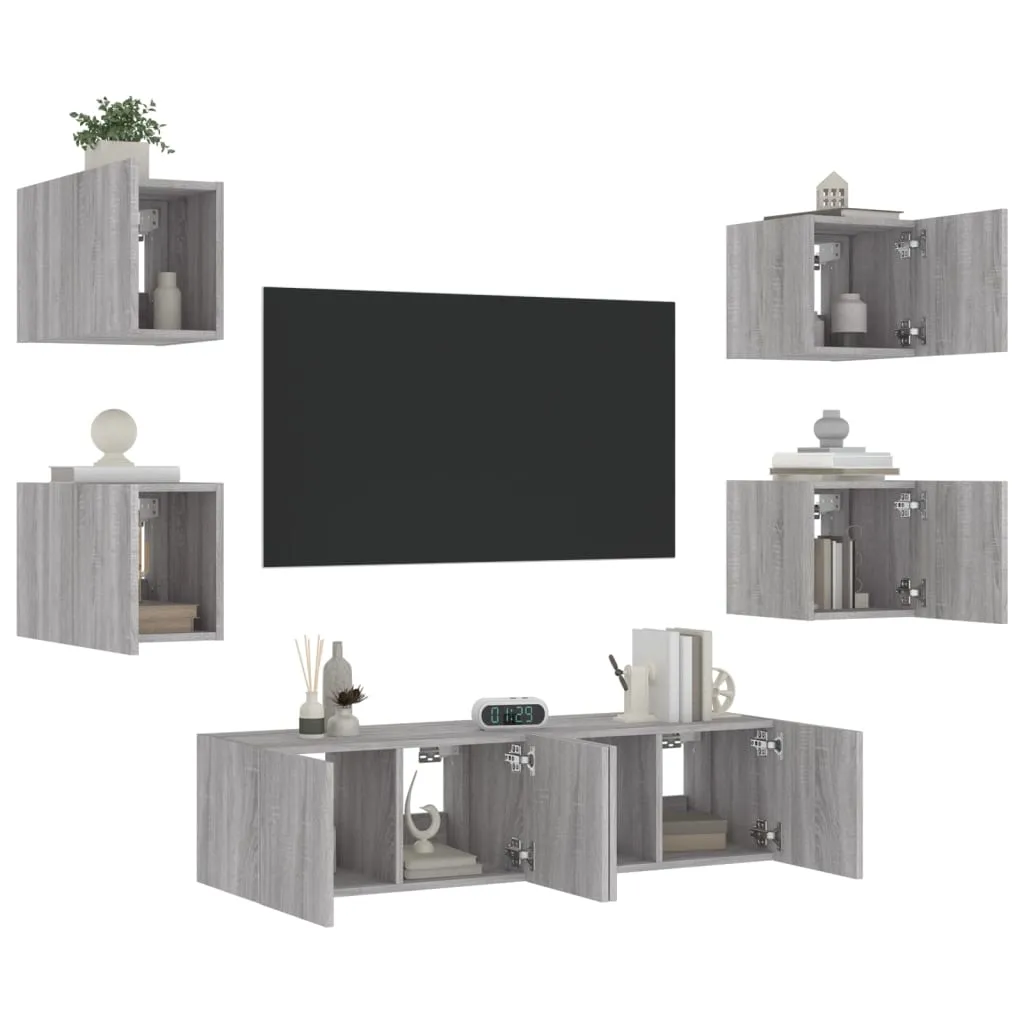 vidaXL Mobili TV a Muro con LED 6pz Grigio Sonoma Legno Multistrato