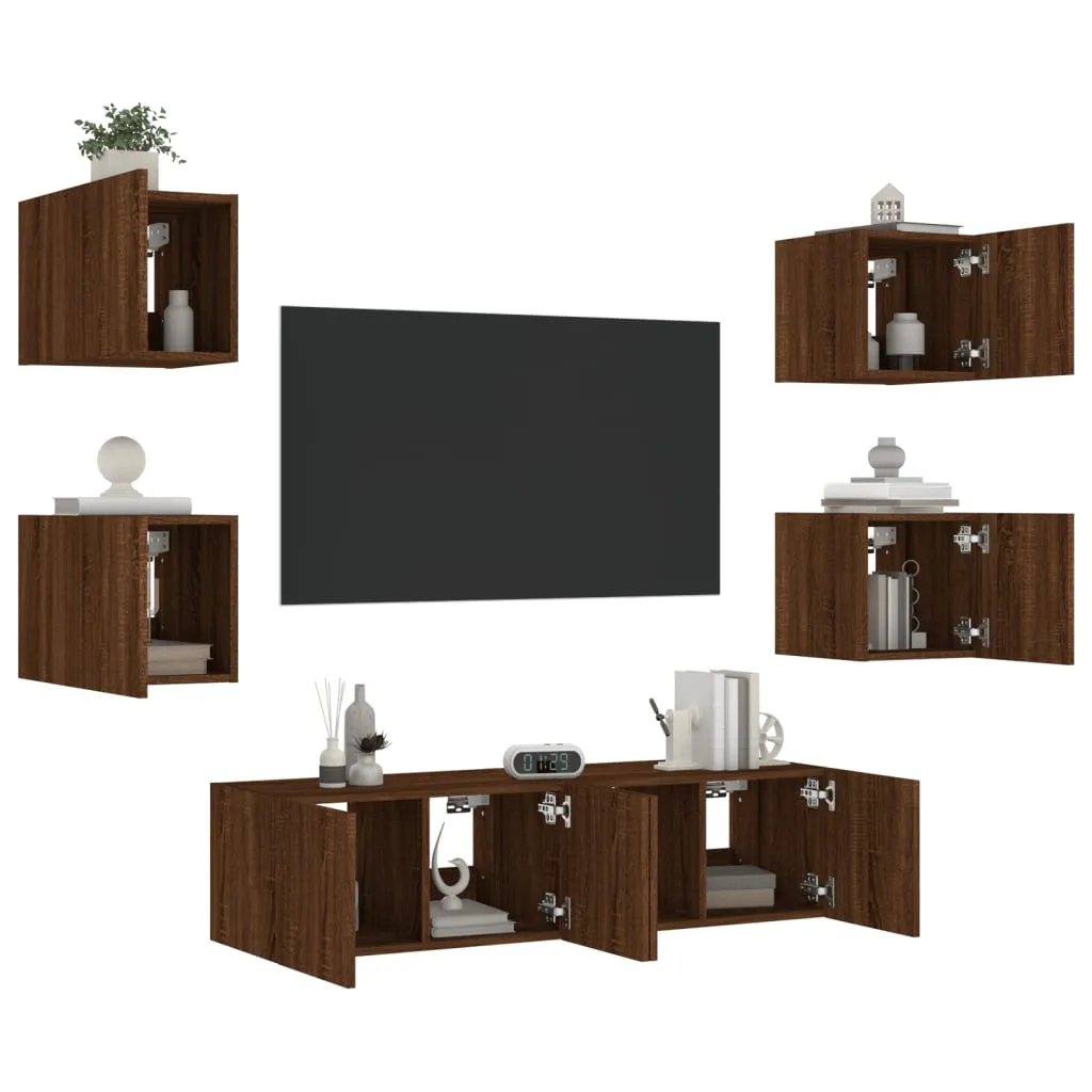 vidaXL Mobili TV a Muro con LED 6pz Rovere Marrone Legno Multistrato