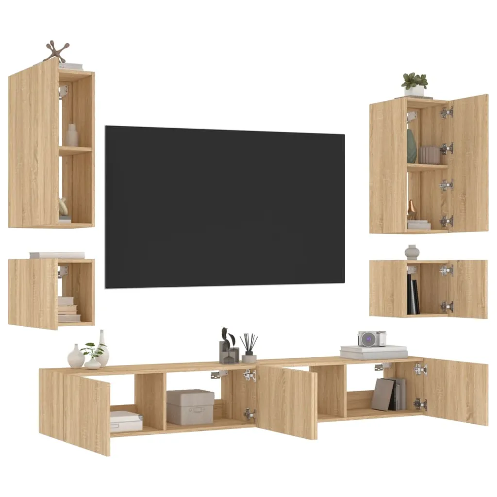 vidaXL Mobili TV a Muro 6pz con Luci LED Rovere Sonoma