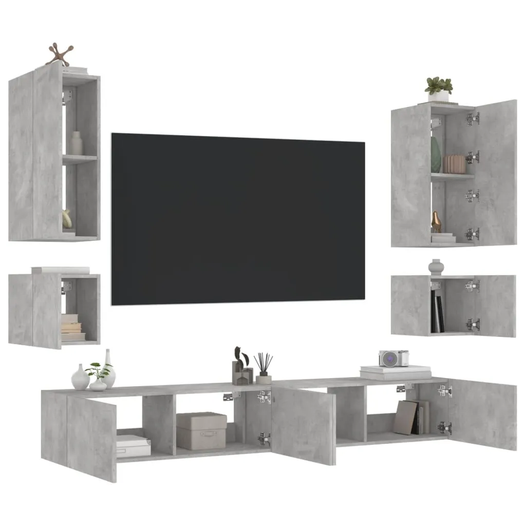 vidaXL Mobili TV a Muro 6pz con Luci LED Grigio Cemento