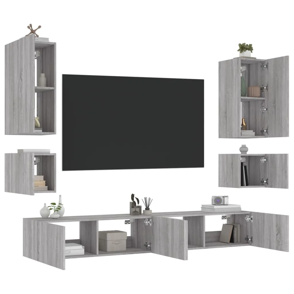 vidaXL Mobili TV a Muro 6pz con Luci LED Grigio Sonoma