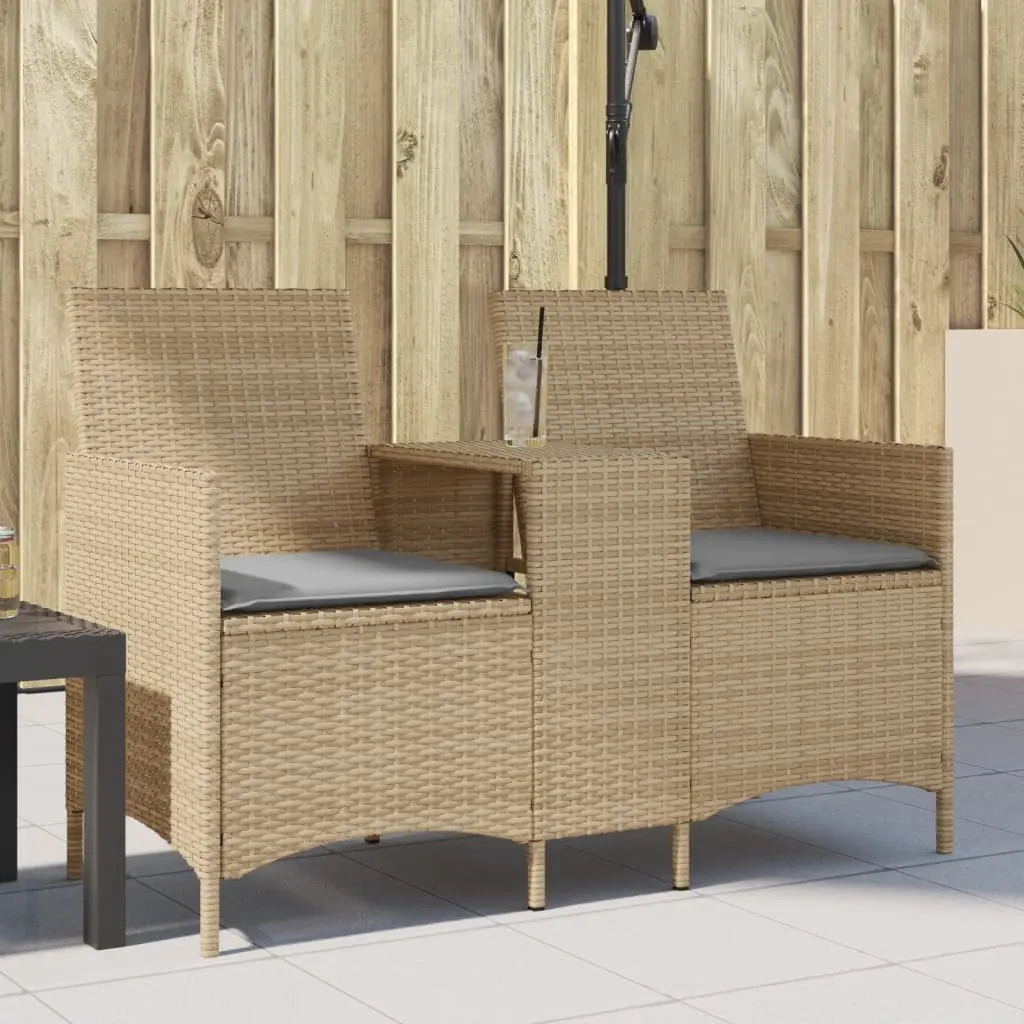 Divano Giardino 2 Posti con Tavolo e Cuscini Beige Polyrattan