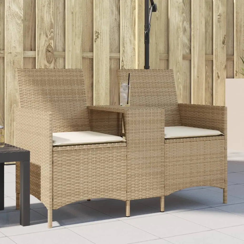 Divano Giardino 2 Posti con Tavolo e Cuscini Beige Polyrattan