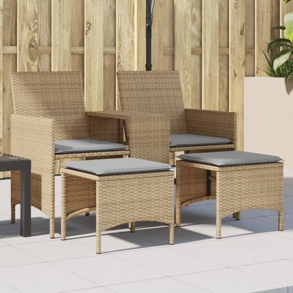 Divano Giardino 2 Posti con Tavolo e Sgabelli Beige Polyrattan