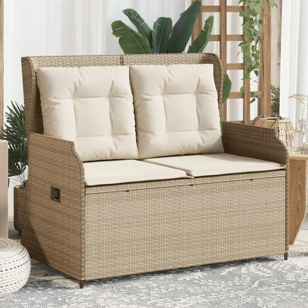 Panca Reclinabile da Giardino con Cuscini Beige in Polyrattan