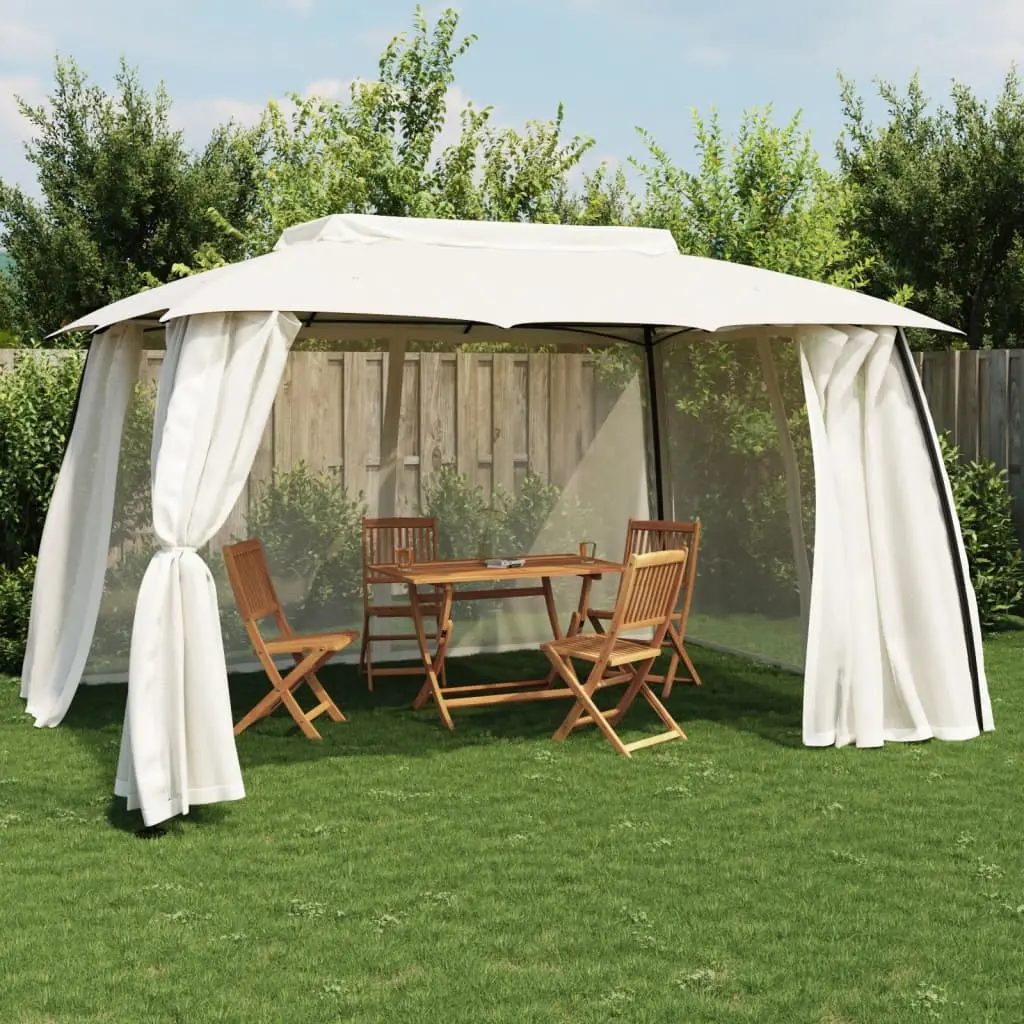 Gazebo con Tetto Doppio e Pareti Rete Crema 3,93x2,93 m Acciaio