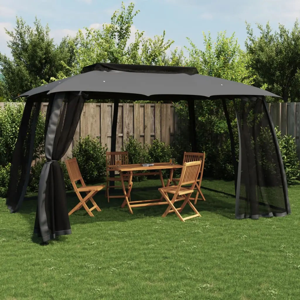 Gazebo Tetto Doppio e Pareti Rete Antracite 3,93x2,93 m Acciaio