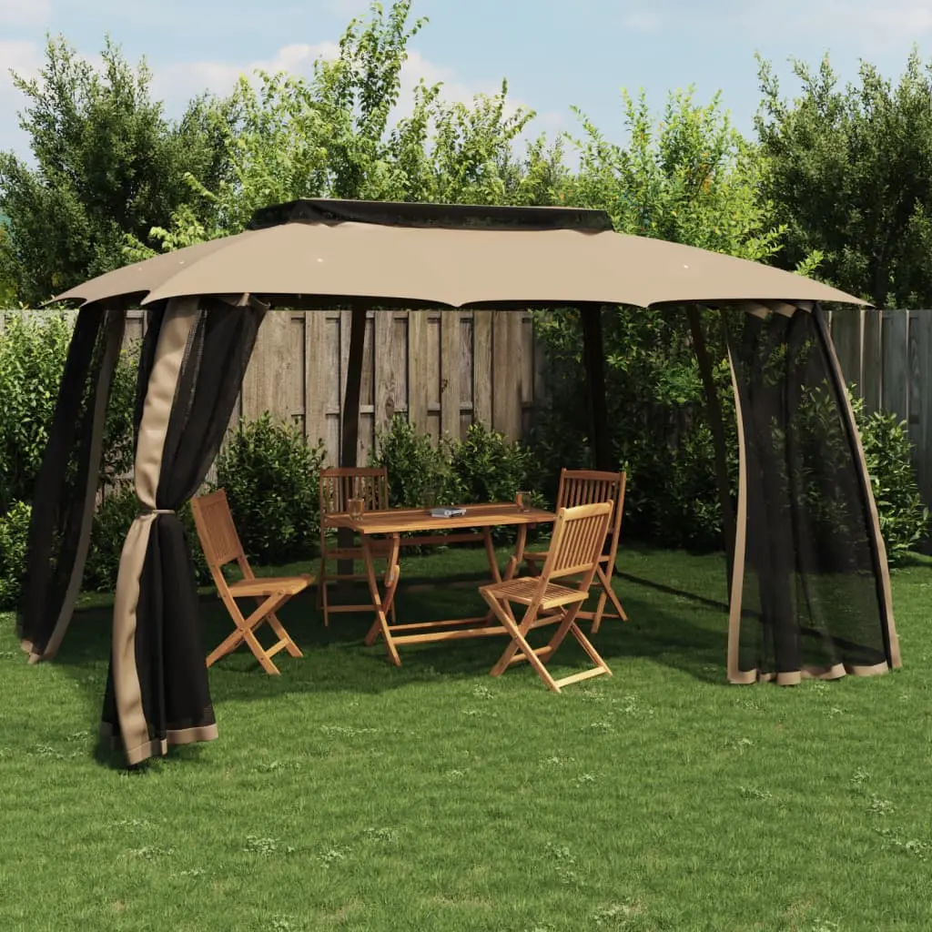 Gazebo con Tetto Doppio/Pareti Rete Tortora 3,93x2,93 m Acciaio