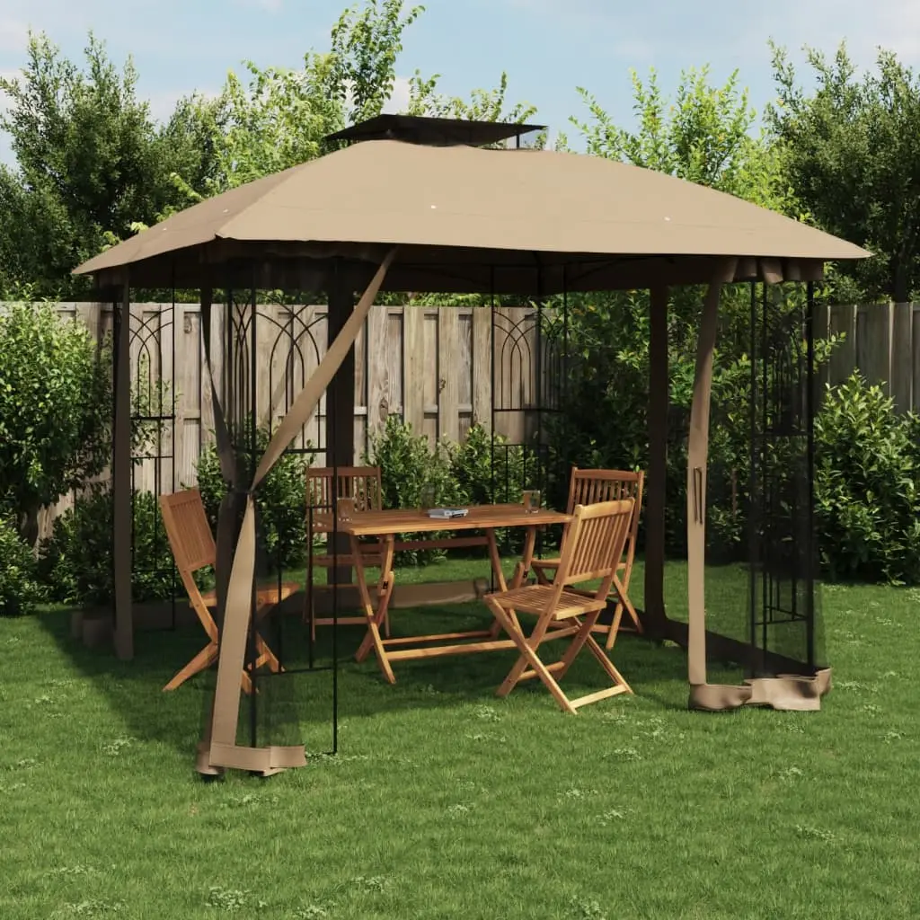 Gazebo con Tetto Doppio/Pareti Rete Tortora 2,94x2,94 m Acciaio