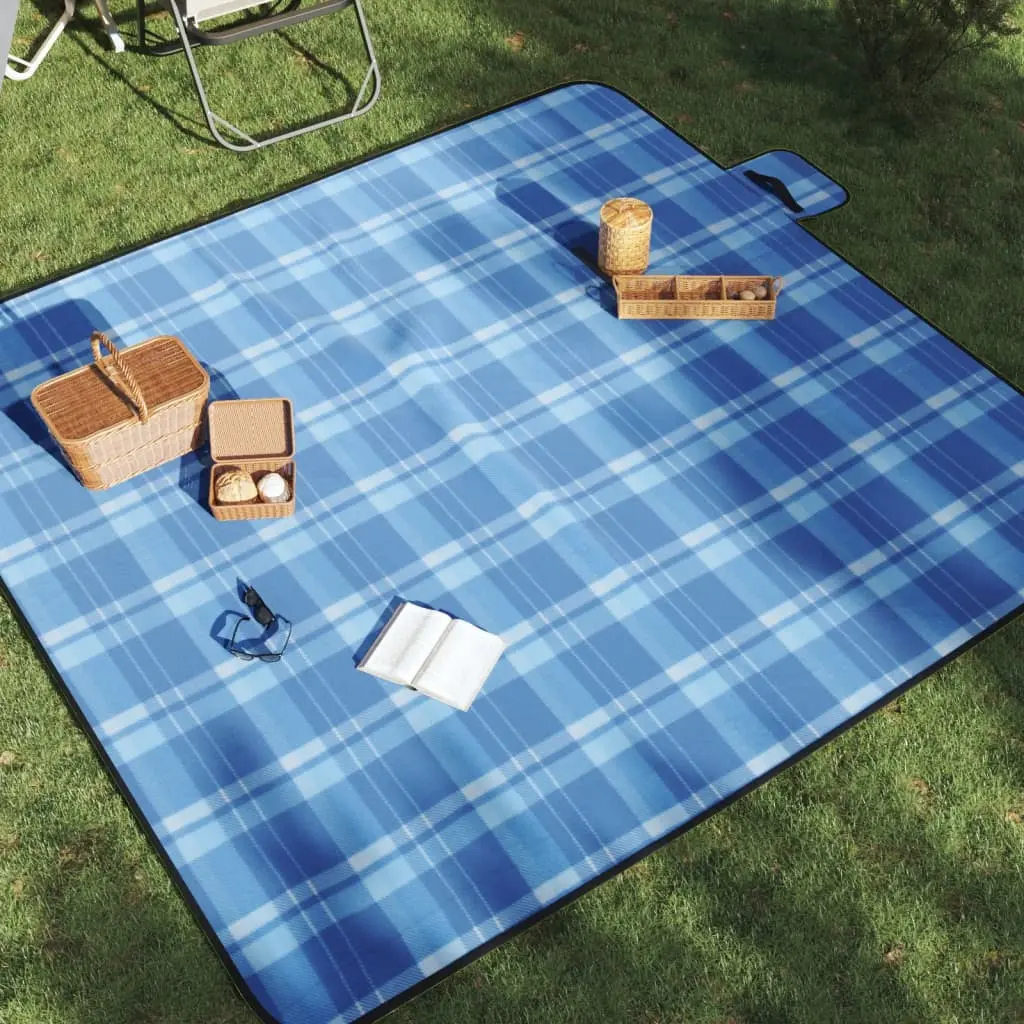 Tovaglia da Picnic Pieghevole A Quadri Blu 200x200 cm Velluto