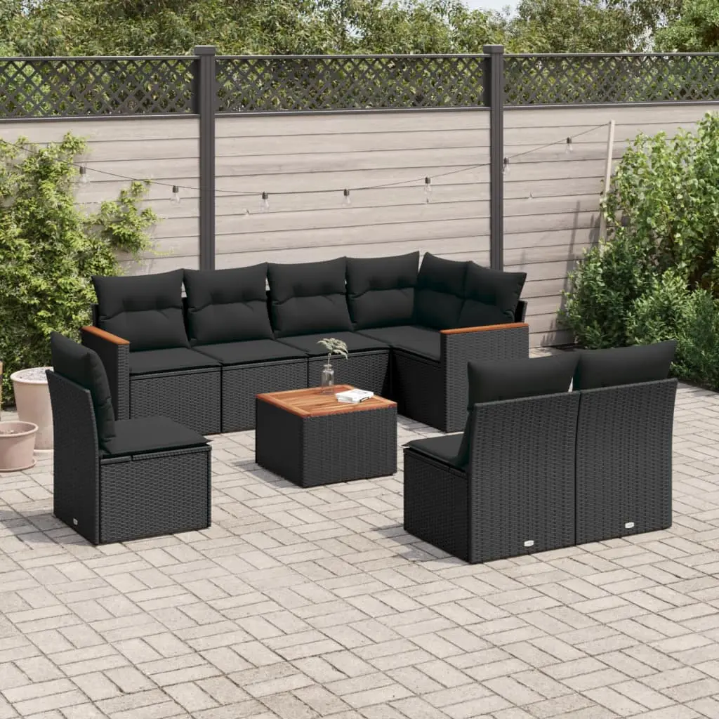 Set Divani da Giardino 9 pz con Cuscini Nero in Polyrattan