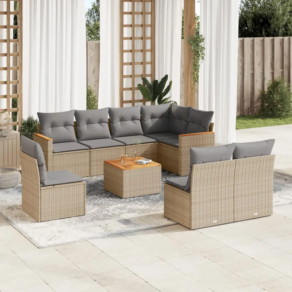 Set Divano da Giardino 9 pz con Cuscini Beige Misto Polyrattan