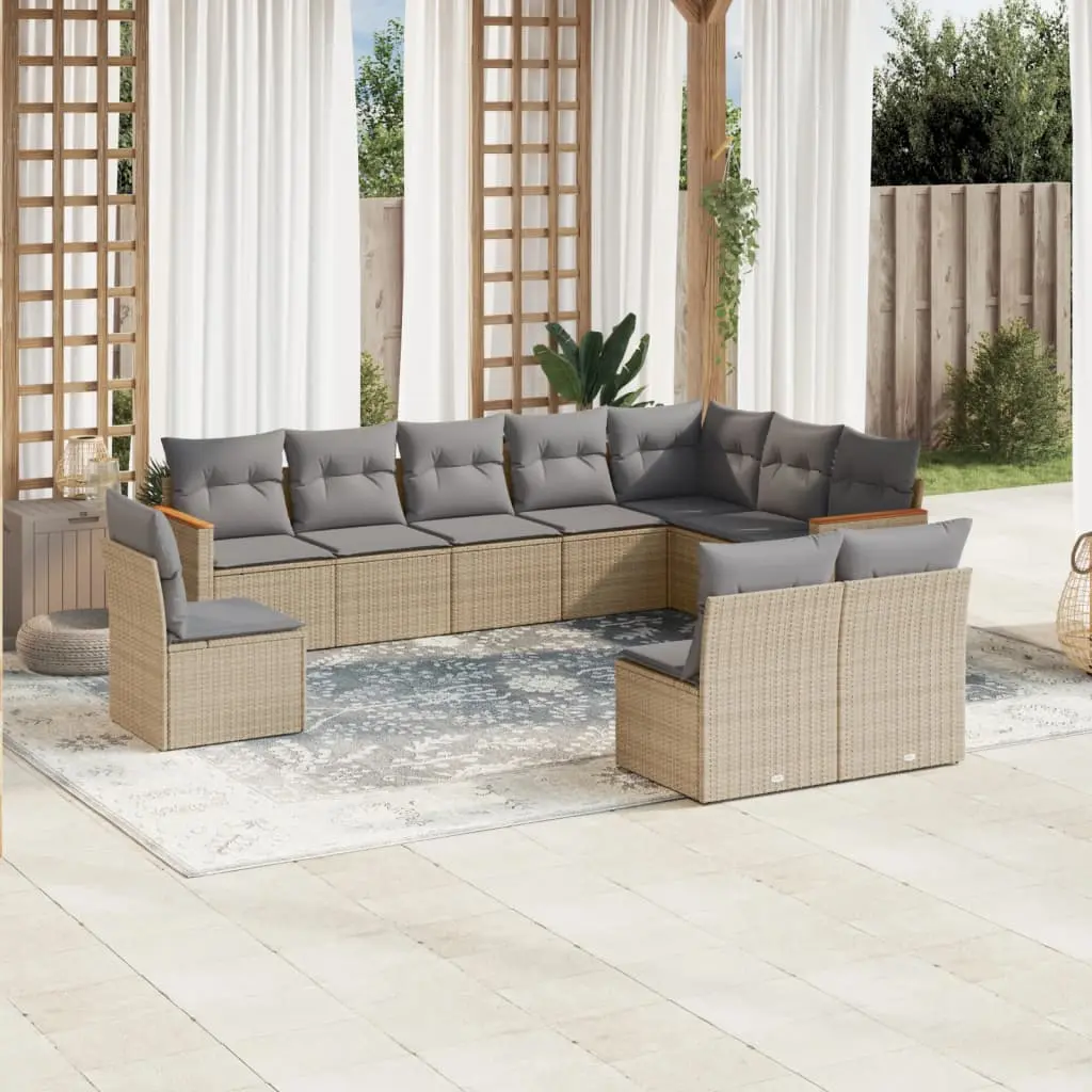 Set Divano da Giardino 10 pz con Cuscini Beige Misto Polyrattan