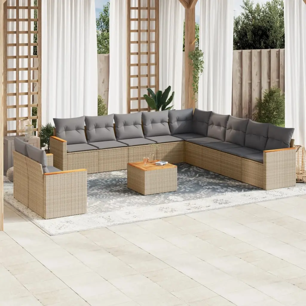 Set Divano da Giardino 12 pz con Cuscini Beige Misto Polyrattan