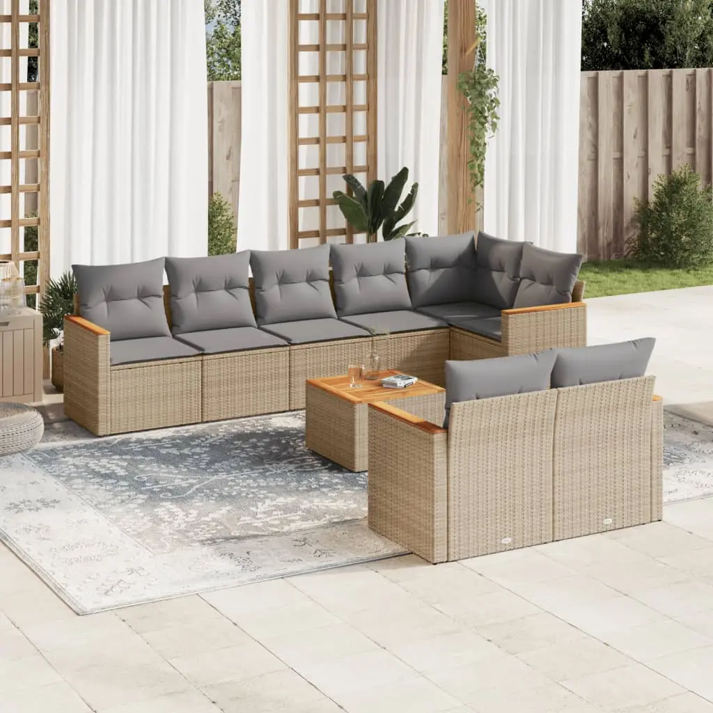 Set Divano da Giardino 9 pz con Cuscini Beige Misto Polyrattan