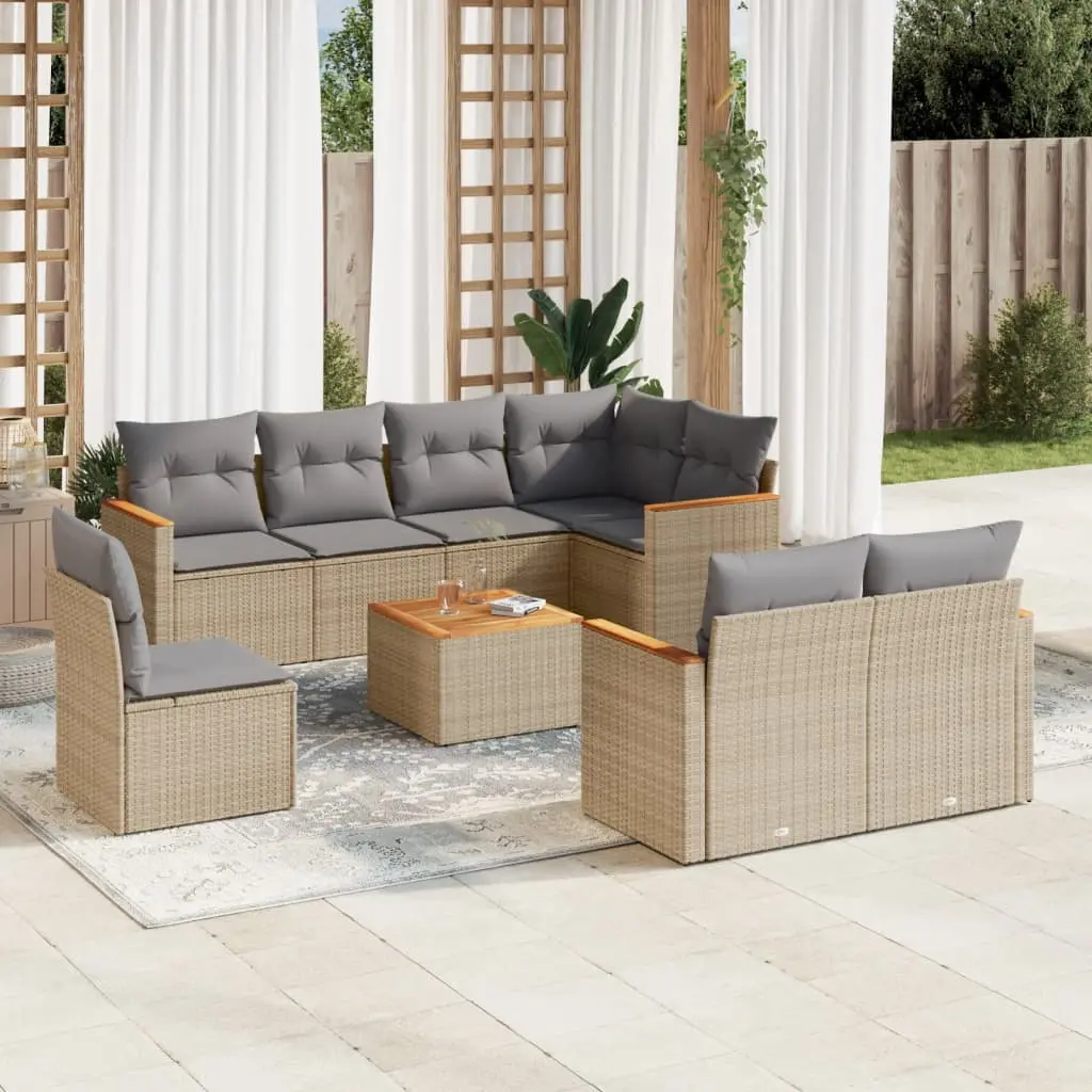 Set Divano da Giardino 9 pz con Cuscini Beige Misto Polyrattan