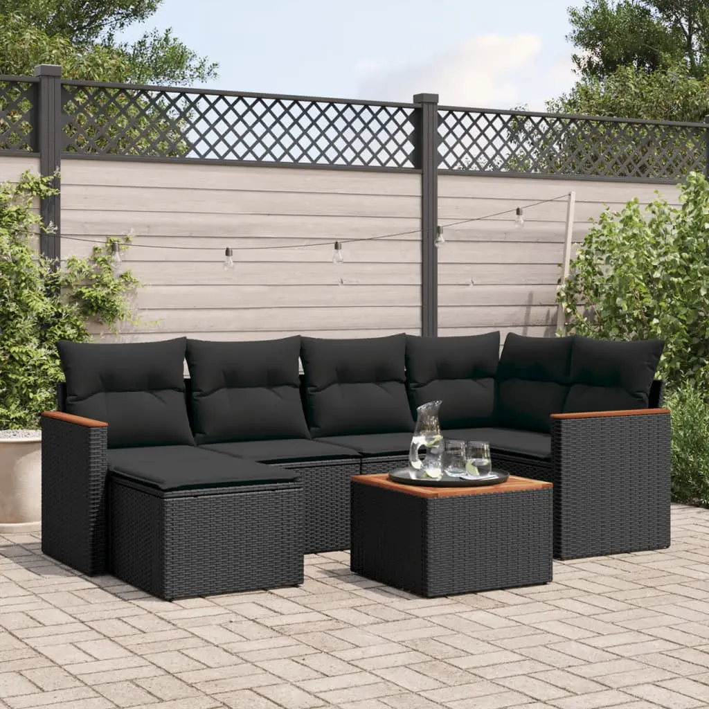 Set Divani da Giardino con Cuscini 7pz Nero Polyrattan