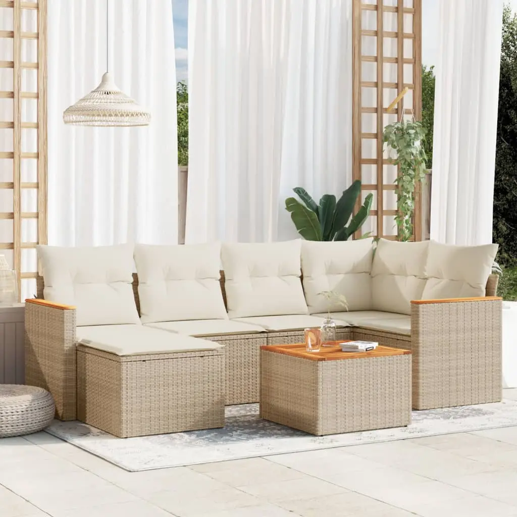 Set Divani da Giardino 7 pz con Cuscini Beige in Polyrattan