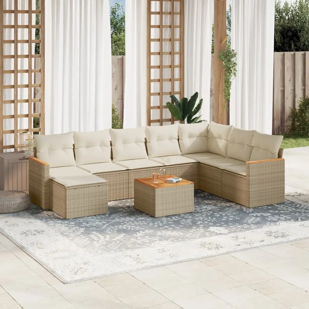 Set Divano da Giardino 9 pz con Cuscini Beige in Polyrattan