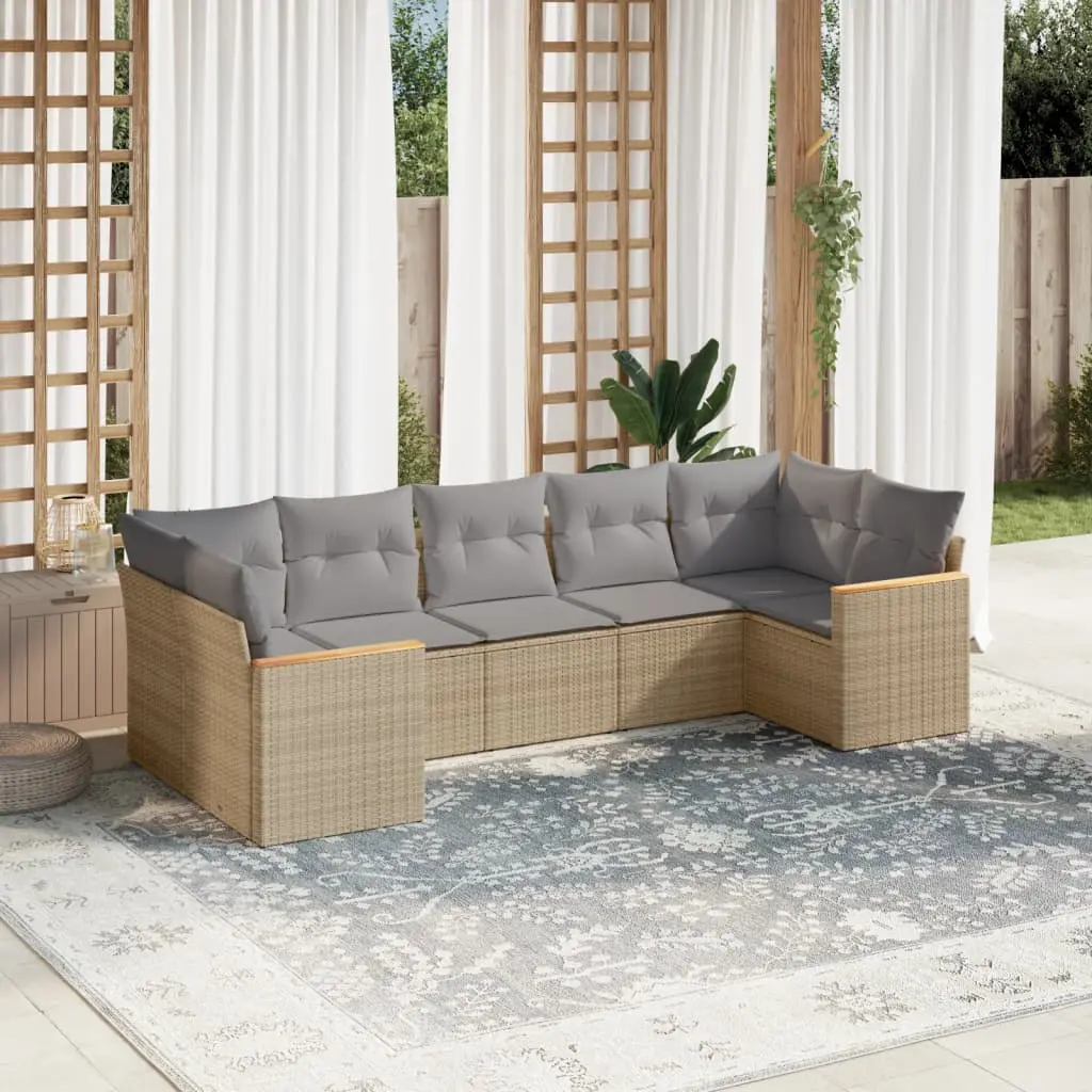 Set Divano da Giardino 7 pz con Cuscini Beige Misto Polyrattan