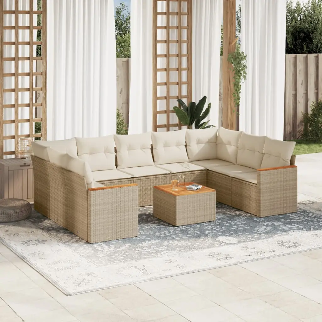 Set Divano da Giardino 10 pz con Cuscini Beige in Polyrattan