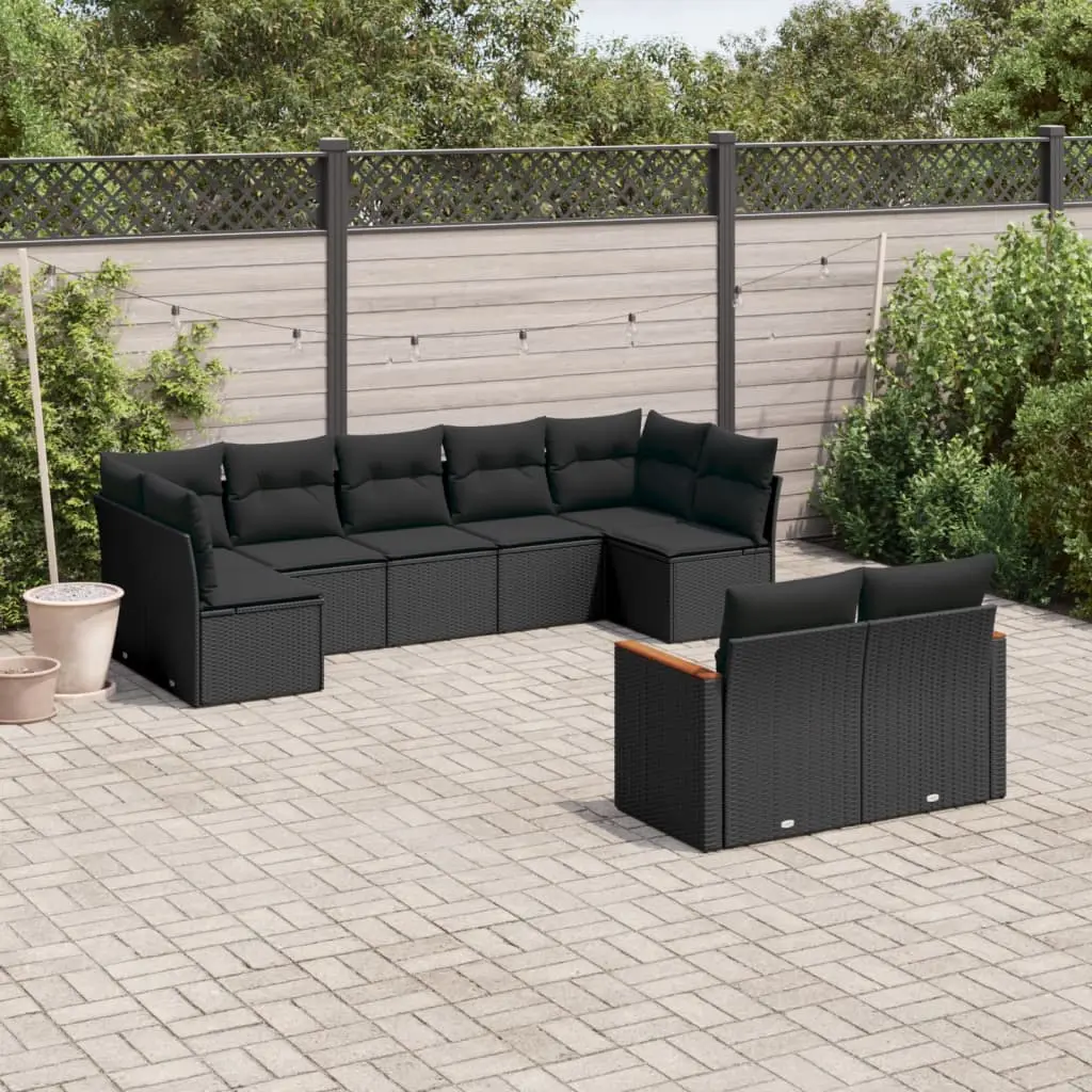 Set Divani da Giardino 9 pz con Cuscini Nero in Polyrattan