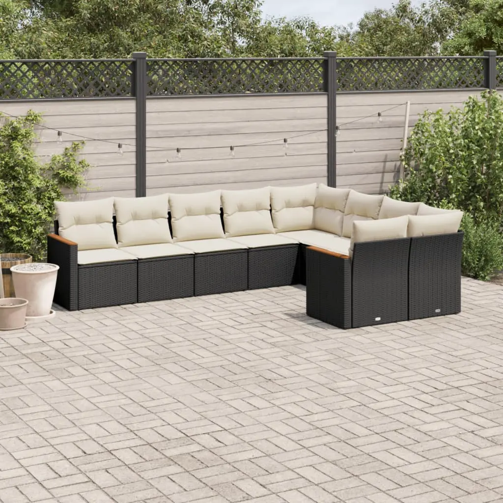 Set Divani da Giardino 9 pz con Cuscini Nero in Polyrattan