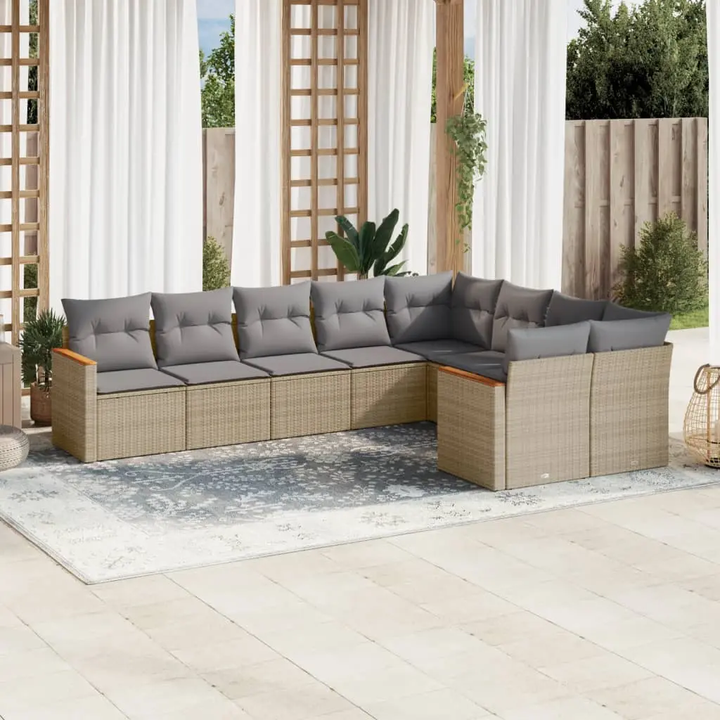 Set Divano da Giardino 9 pz con Cuscini Beige Misto Polyrattan